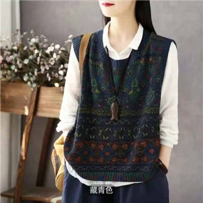 Women Clothing Vintage Jacquard Casual Streetwear All Match Sweater Vest Autumn Winter O Neck Sleeveless Loose Knitted Waistcoat