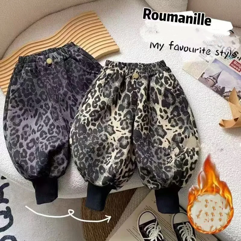 

Children's Winter Lantern Pants 2025 New Collection for Boys and Girls with Velvet Pants Leopard Pattern Baby Velvet Pants