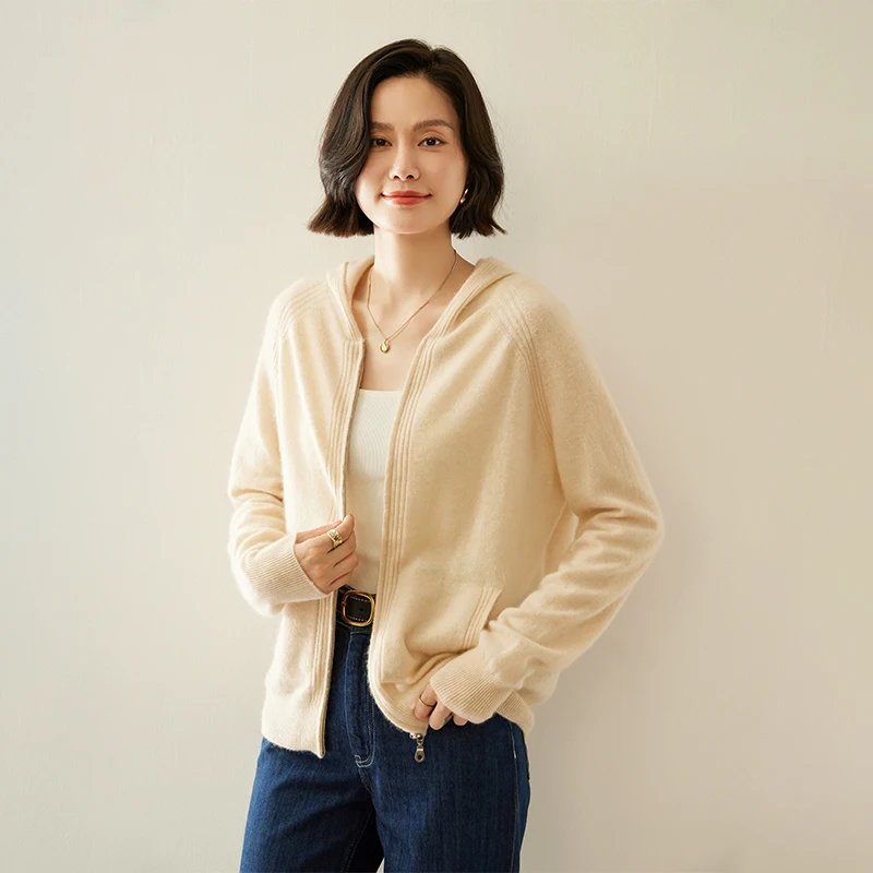Nowy kaszmirowy kardigan damski na jesień i zimę, długi rękaw, zapinany na zamek, jednolity kolor, luźny wełniany sweter.