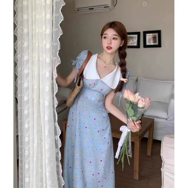 

2024 Retro Tea Break First Love Fragmented Flower Dress High end Summer New Waist Waist Long Dress for Women