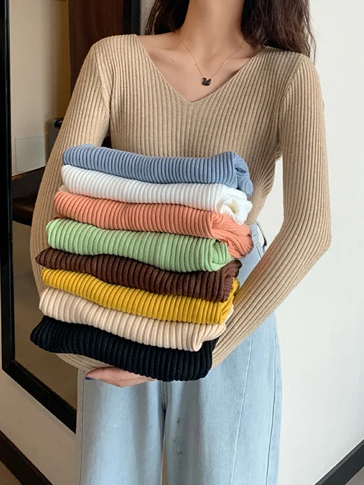 2025 Basic V-neck Solid Autumn Winter Pullover Women Female Knitted Ribbed Sweater Slim Long Sleeve Badycon High Quality Sweater