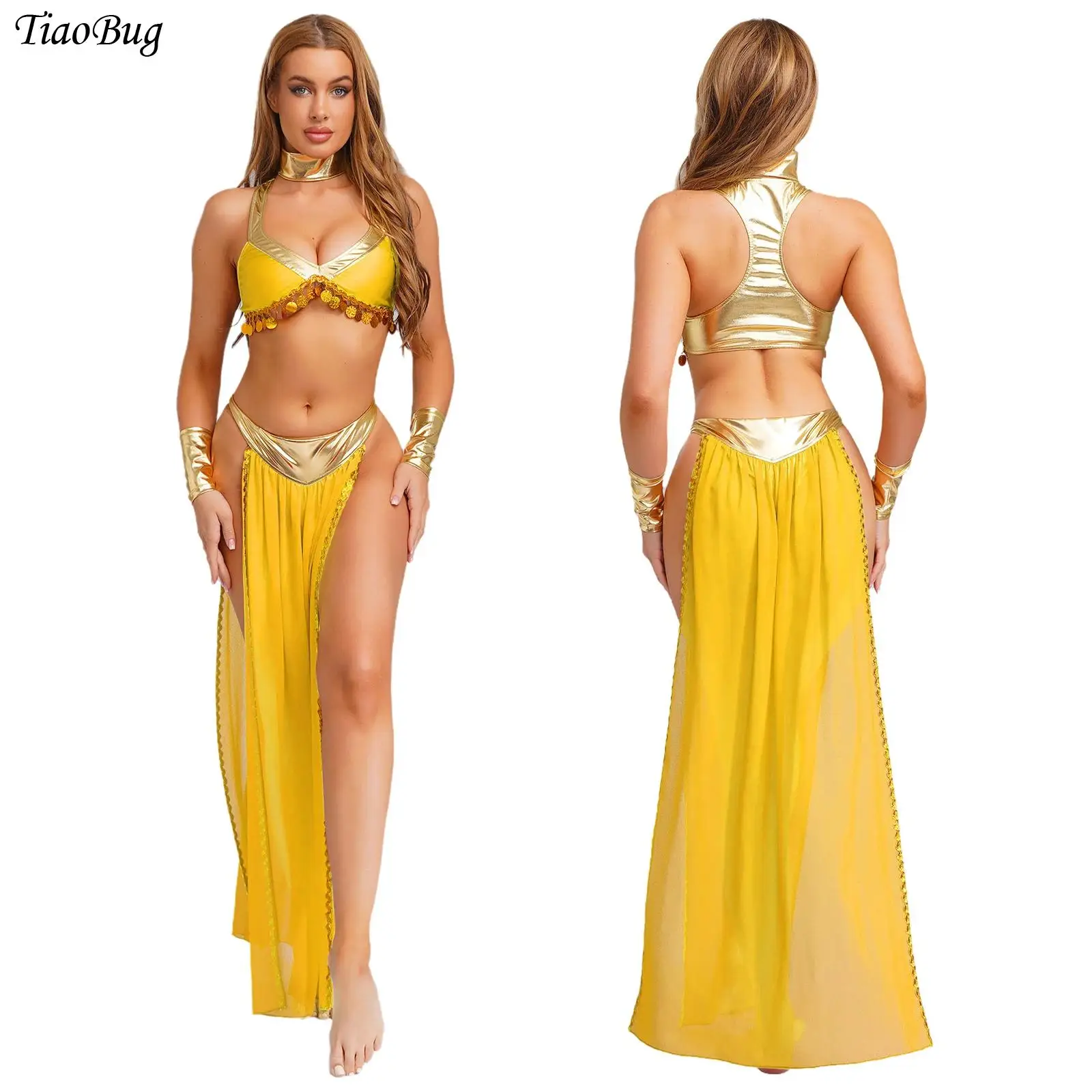 

Women Metallic Shiny Indian Belly Dance Costumes Ancient Egyptian Queen Cosplay Outfits with Collar Crop Top with Chiffon Skirt