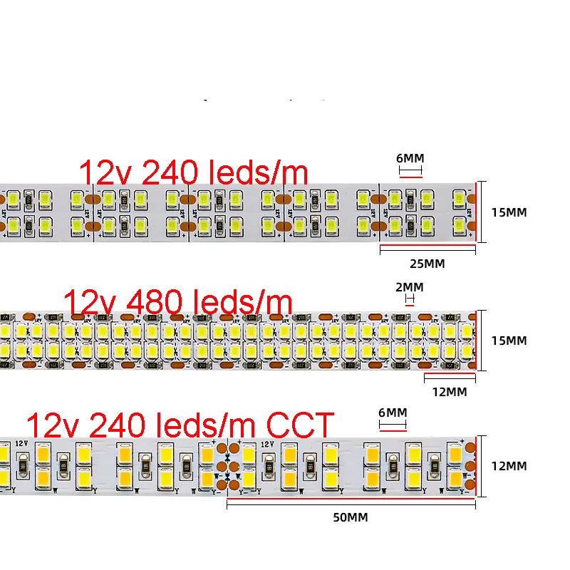 5m 12V 24V Double Row LED Strip CCT White Warm White 480 LED/m 240LED/m 3000k 4000k 6500k Adjustable Flexible LED Tape IP67 IP30