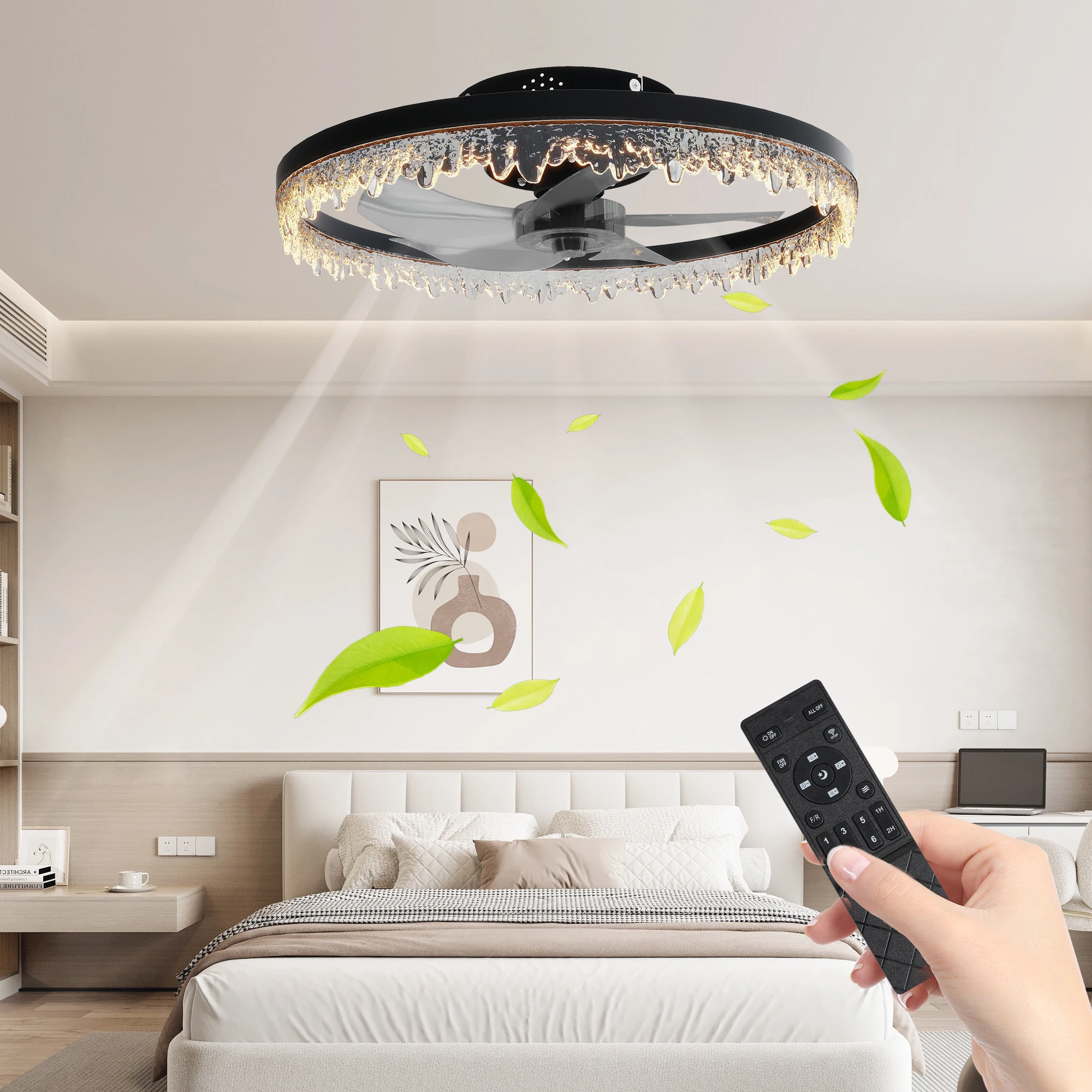 

Smart Silent Elegant Black Ceiling Fan with Light,20-inch Flush Mount LED Chandelier with 5 Blades,Dimmable Lighting for Bedroom