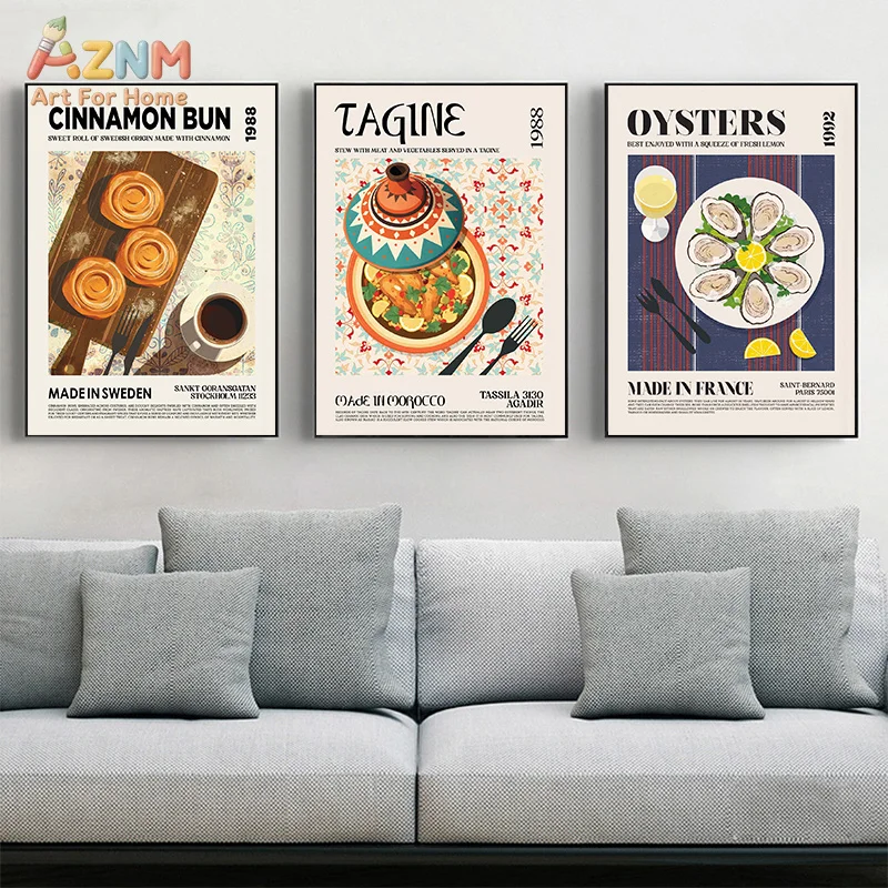 AZNM World Classic Food Canvas Wall Art International Cuisine Retro Poster Kitchen Dining Room Unframed Decor Print
