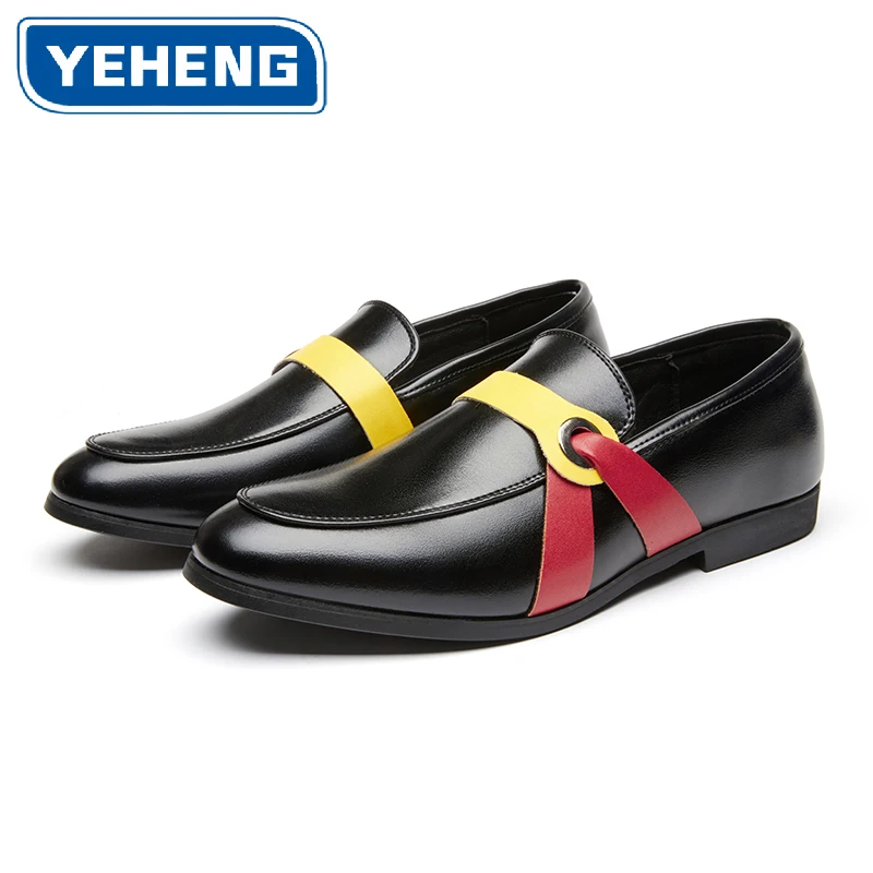 

Designer Men Loafers Leather Dress Shoes British Style Metal Buckle Color Block Strap Slip On Business Casual Flats Big Size