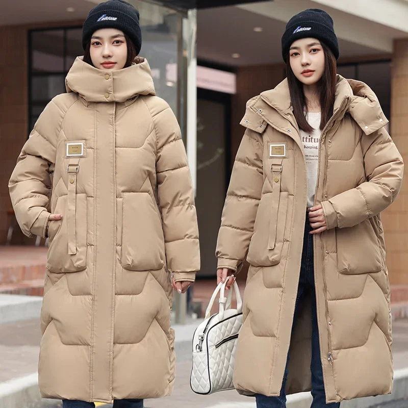

2025 Winter New Detachable Warm Windproof Hat Jacket Women's Mid-length Over The Knee Thickened Parkas Pocket Fringe Design Coat
