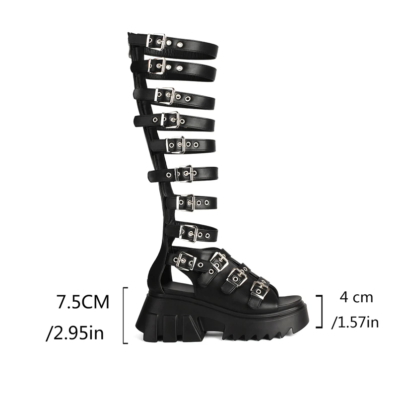 Punk Gothic Knee High Gladiator Sandals Women Shoes Zipper Hollow Rock Style Thick Platform Buckle Strap Roman Wedges Size 35-43