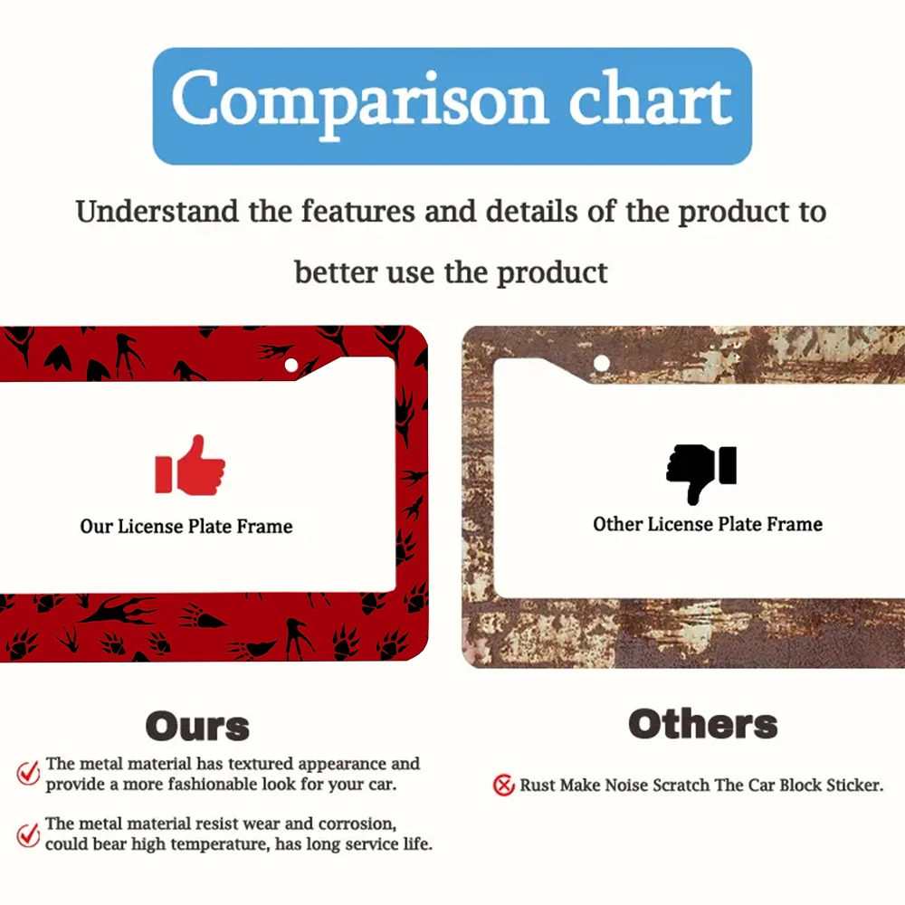 إطار لوحة ترخيص لتزيين السيارة باللون الأحمر مع ديناصور - مثل مطبوعات مخالب، مادة الألومنيوم، فتحتين، مع طقم براغي #4