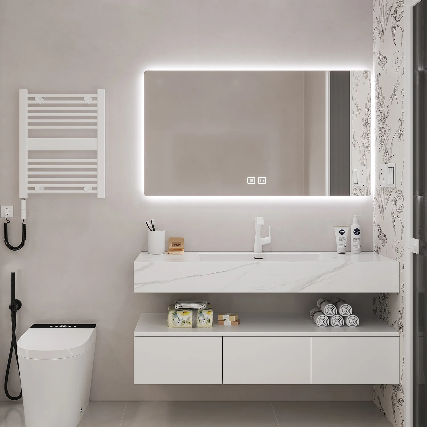 New Stylish Bathroom Furniture Cabinet With Smart Mirror Cabinet Modern White Wall Mounted Bathroom Vanity