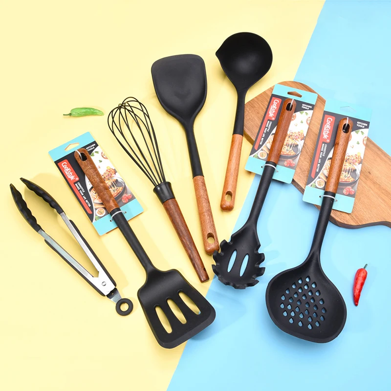 Multi-color Silicone Wooden Handle Kitchenware Set Non Stick Pot Spatula Spoon Cooking Utensils Heat-resistant Accessories Gift