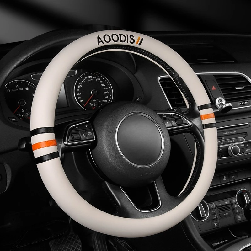 Breathable PU Leather Steering Wheel Cover with Anti Slip Inner Ring and Letter Embroidery for 15 Inch 38cm