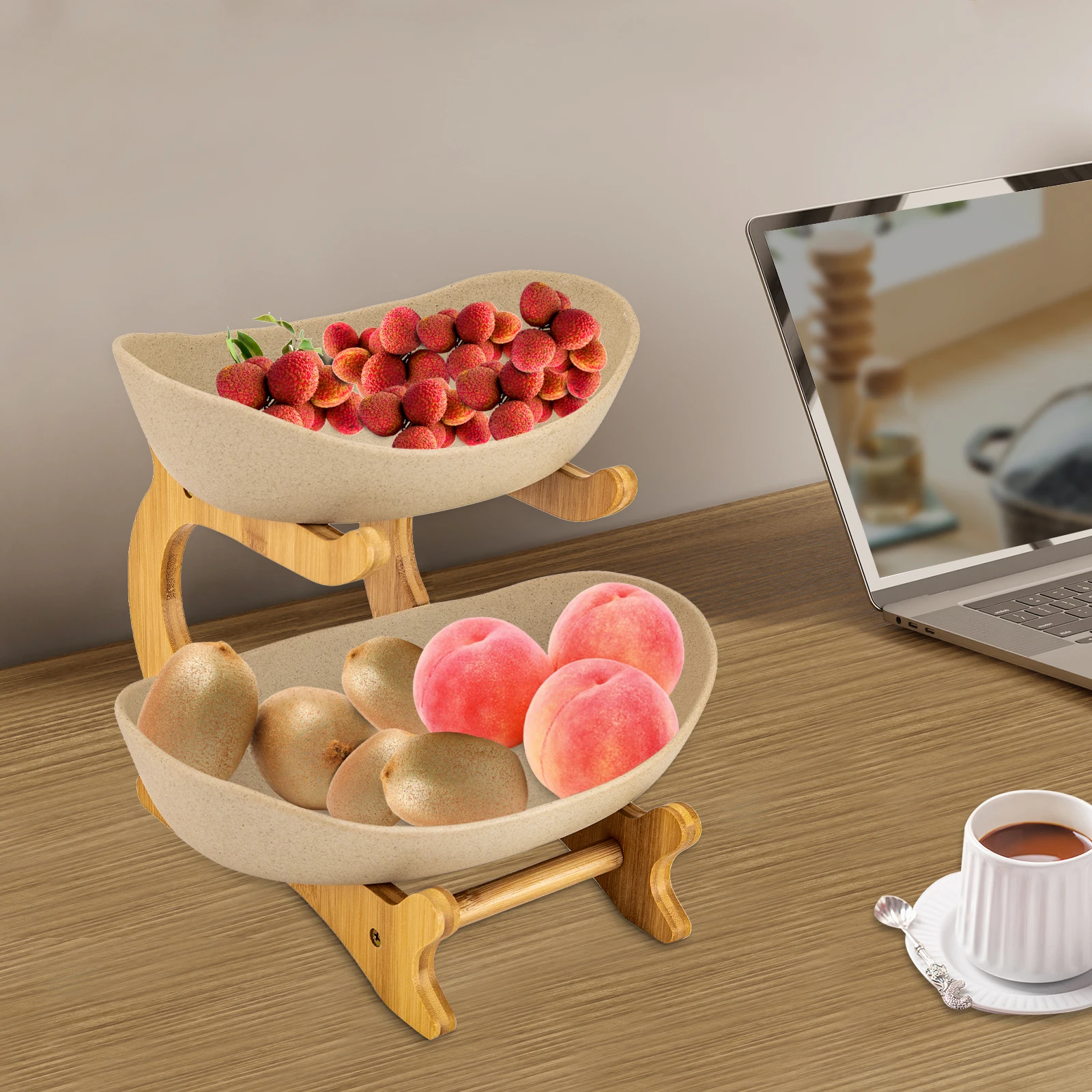 2 Tier Fruit Bowl Stand, Bamboo Fruit Basket Stand Pottery Fruit Serving Tray, Snacks Bread Display Rack for Kitchen Counter Dining Table