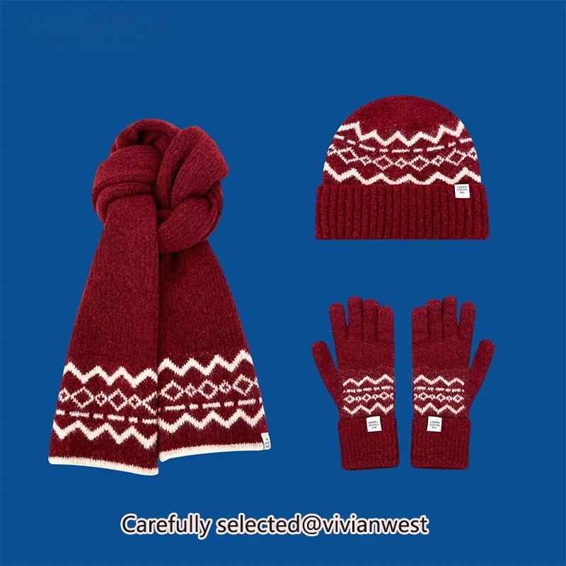 new-year-red-fair-isle-thiened-knitted-hat-scarf-gloves-winter-warm-couple-match-tee-piece-set-faionable-versatile