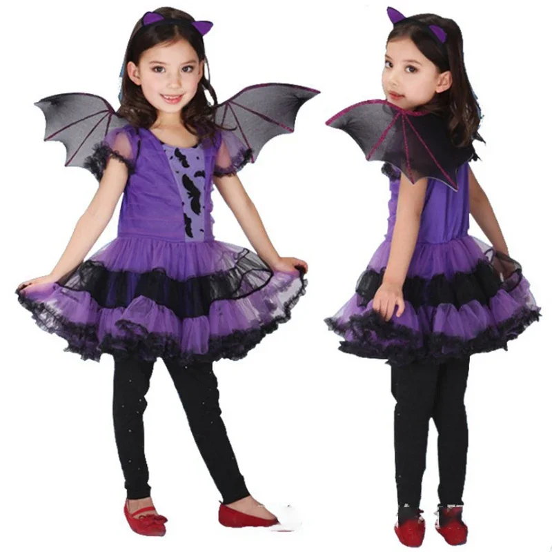 Halloween Children Purple Vampire Costume Girls Dress Kids Clothes Baby Bat Spider Party Cosplay Headband +Wing Outfit
