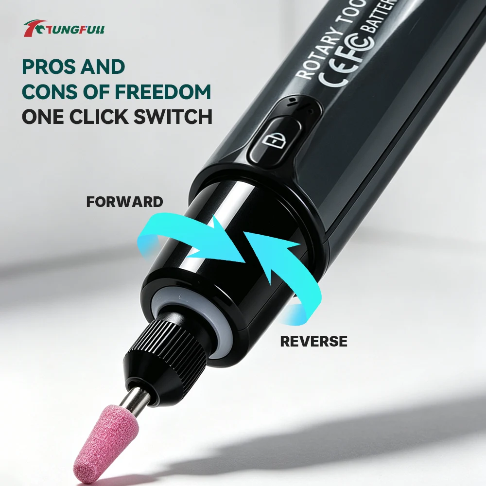 TUNGFULL Mini Rotary Tool Grinder Pen USB-C Cordless 6 Speed Forward Reverse Hand Drill for DIY Engraving Polishing Sanding