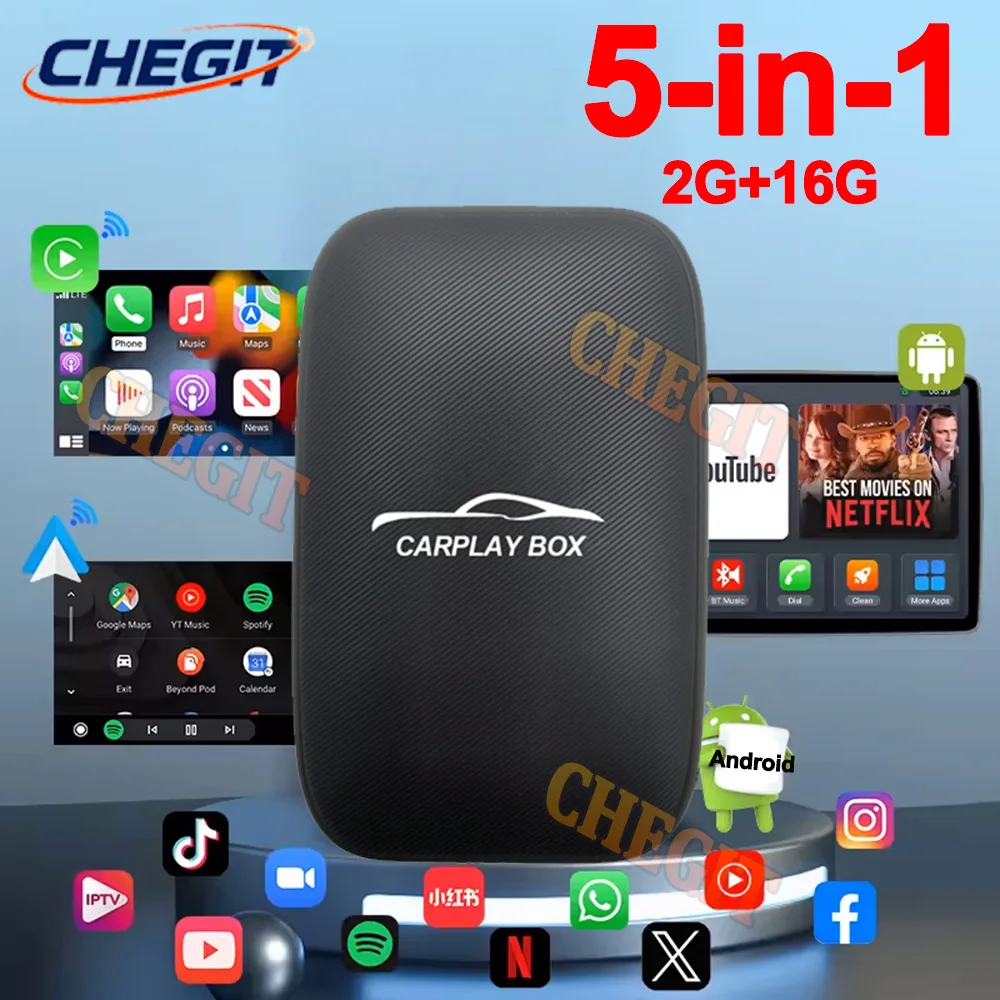 Caja Carplay inteligente 5 en 1 para Android, adaptador inalámbrico CarPlay Android Auto, sistema inteligente para coche, caja de TV para Netflix, YouTube, tarjeta TF
