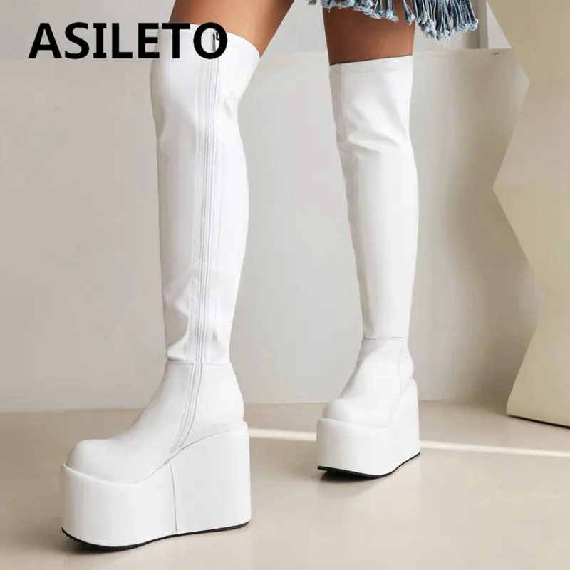 ASILETO Women Thigh Boots 54cm Round Toe Wedges High Heel 11.5cm Platform Hill 7cm Plus Size 41 42 43 Sexy Party Stretch Booty