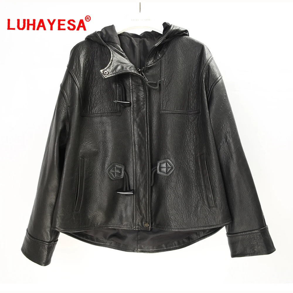 

2023 Women Casual Loose Style Hooded Vegetable Tanned Sheepskin Leather Clothes Black Good Quality Sheep Genuine Leather Jacket