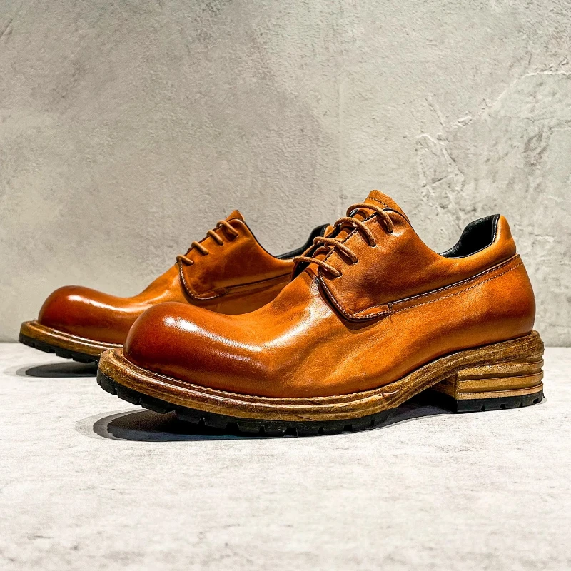 Retro Washed Horsehide Dress Derby Shoes for Men's Horse Skin Handicraft Breathable Genuine Leather Sole Goodyear Leather Shoes