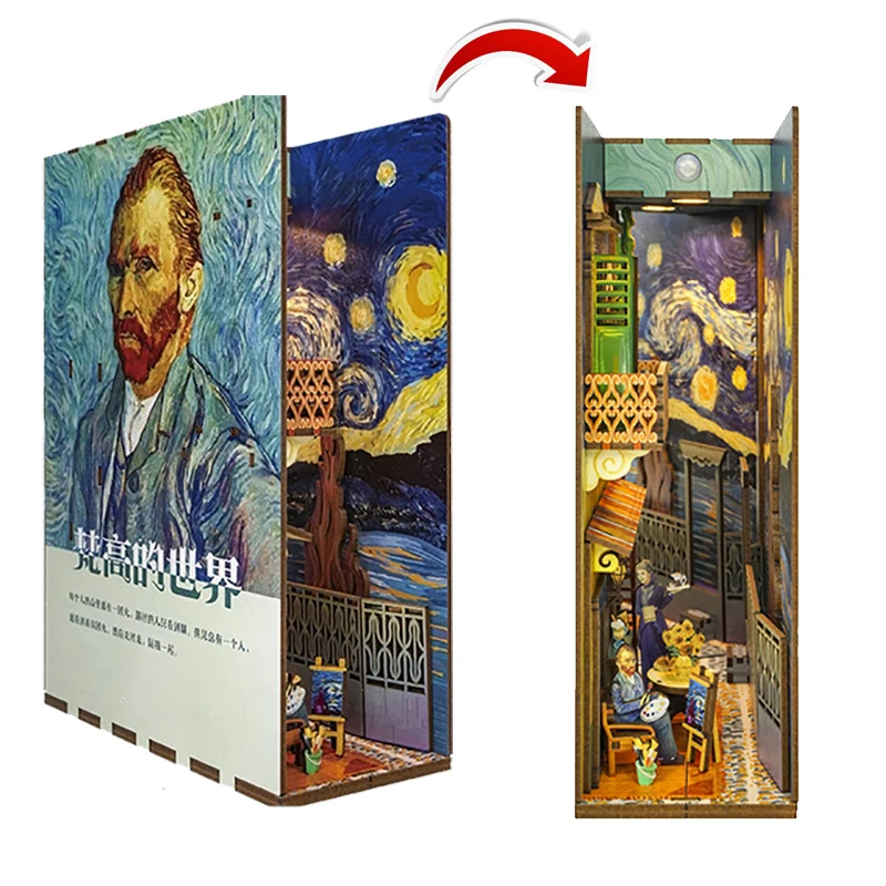 Clearance DIY Van Gogh Book Nook Wooden Miniature Model Kits Bookend 3D Puzzle with Light Bookshelf for Friends Birthday Gifts