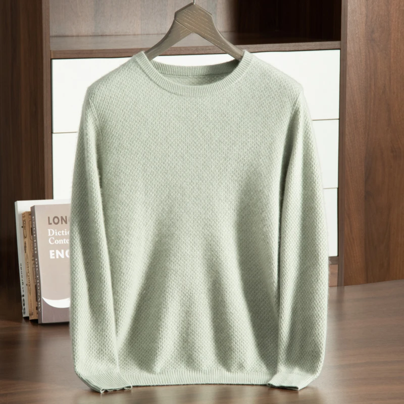 Autumn and Winter New Collection (100% Cashmere) Men's Versatile Style Casual 12 Needle Honeycomb Needle Solid Color Sweater for