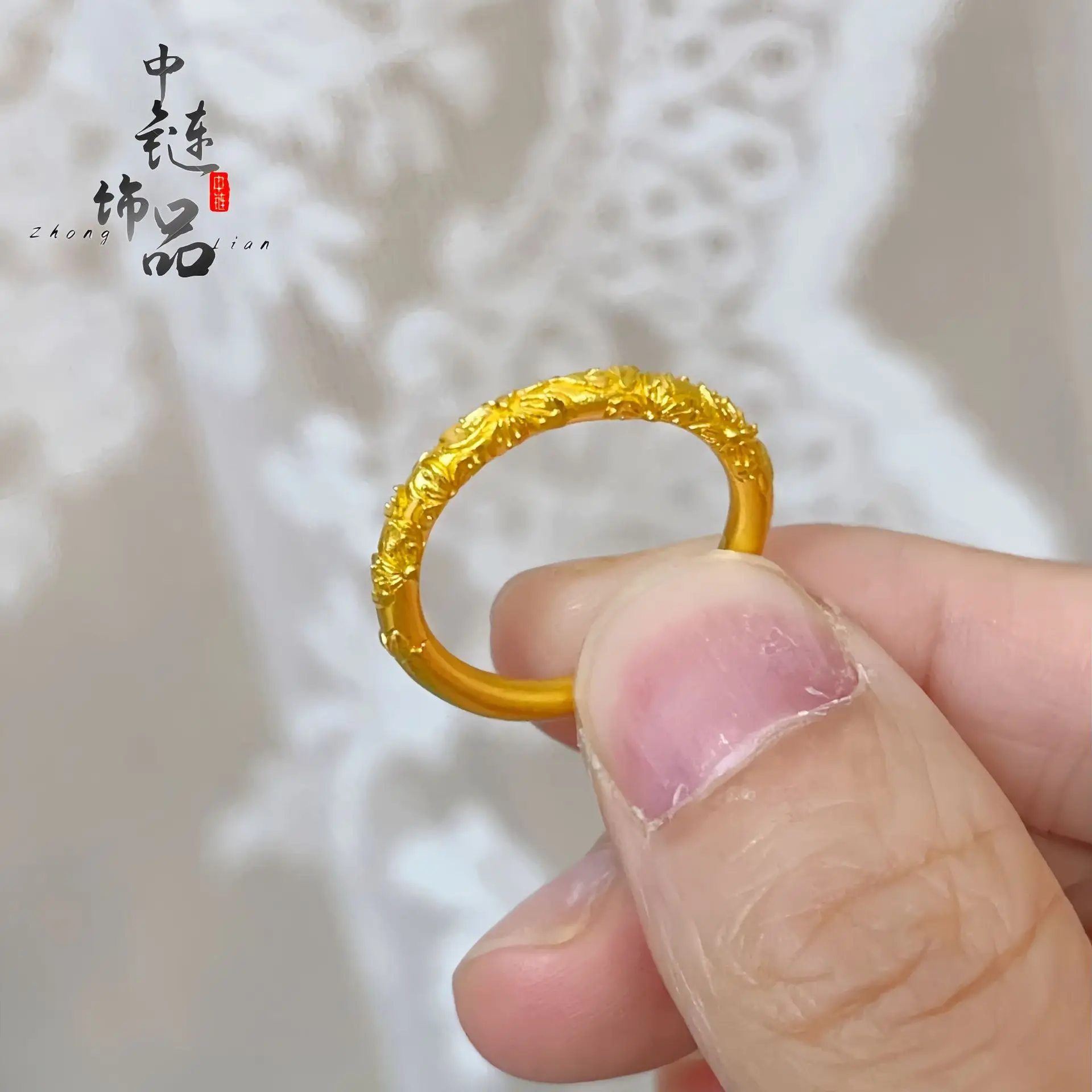 9999 gold plum blossom scroll-pattern open ring for women, featuring national trend style and engraved floral design