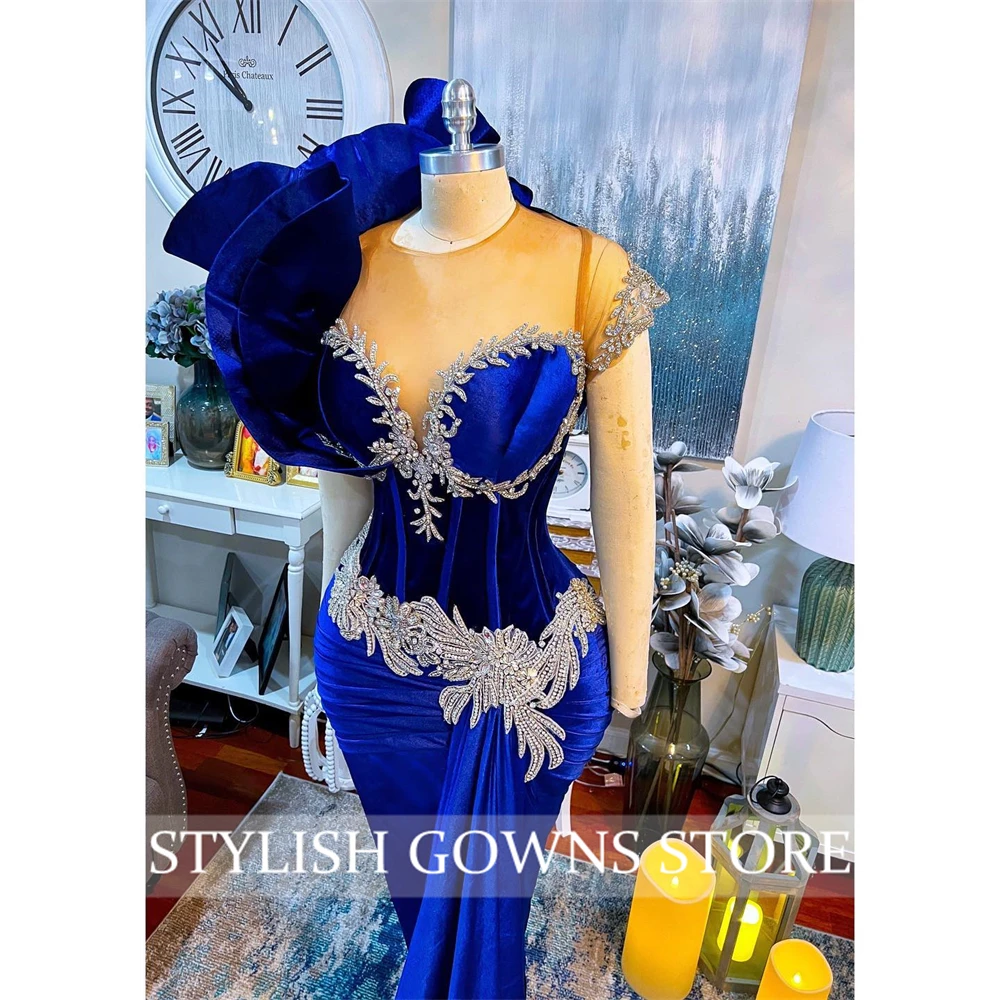 Royal Blue Evening Dress Sparkly Beaded Luxury Dress Birthday Party Gowns Ruffles Long Prom Dresses Bleu Roi Customized