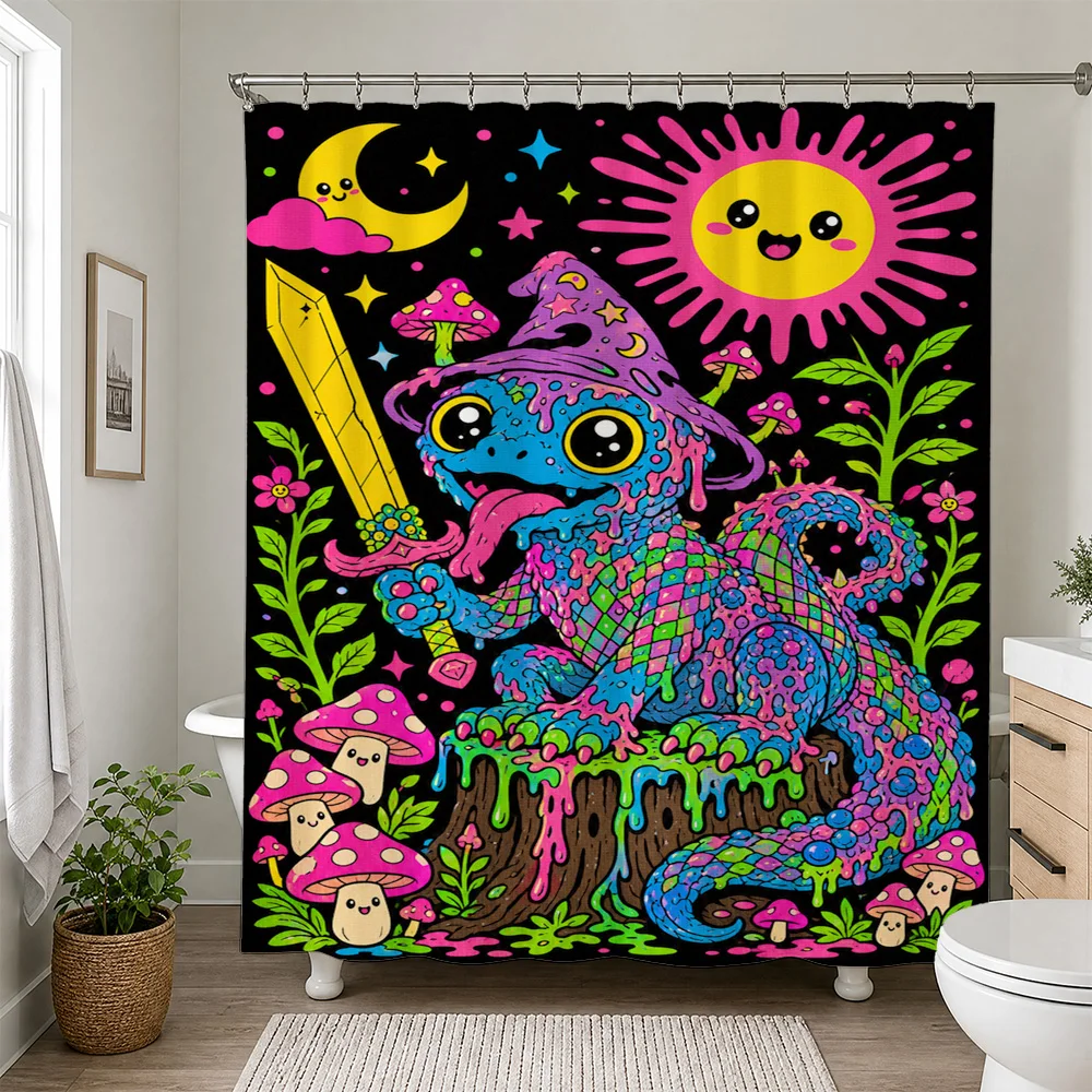 Psychedelic Pop Art Shower Curtain Mushroom Lizard Dragon Fantasy Tropical Cute Bathroom Decor Waterproof Statement Liner