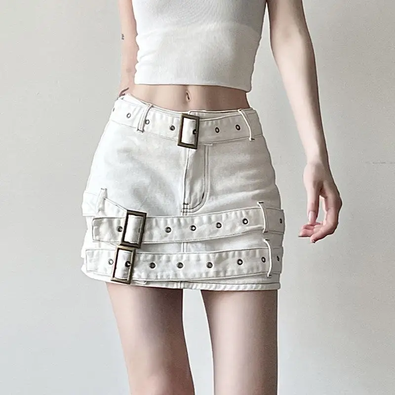 Mini Denim Skirt Multiple Belt Design Punk Denim Slim Fit Short Skirt Summer 2024 New Fashion Spicy Girl Y2k Skirts