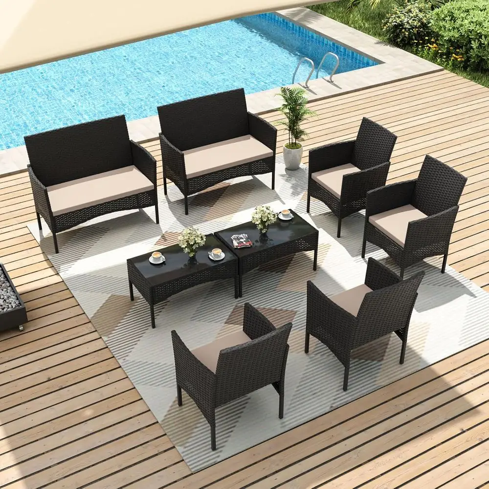 

8-Piece Outdoor Wicker Furniture Set with 4 Chairs, 2 Loveseats, 2 Coffee Tables, Weather-Resistant for Patio, Pool, or Porch in
