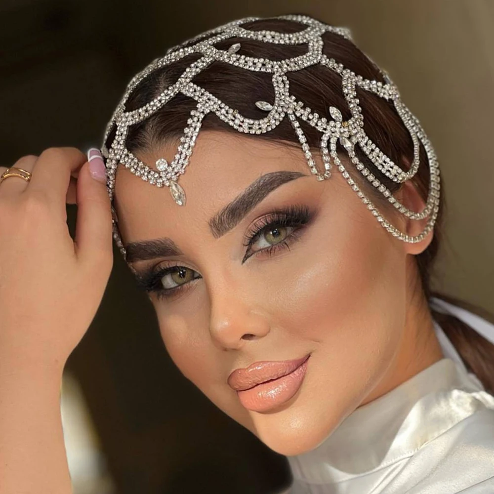 Indian Bridal Mesh Headband Hat Flapper Gatsby Hair Accessories Wedding Hollow Crystal Head Chain Headpiece Women Wig Jewelry