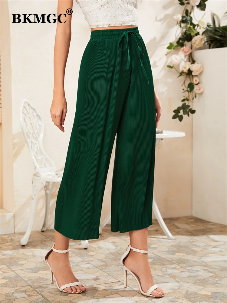 

BKMGC Dark Green Loose Wide Leg Calf-Length Folds Elastic Lace Tie High Waist Pants For Women Autumn Office Lady Causal 5062