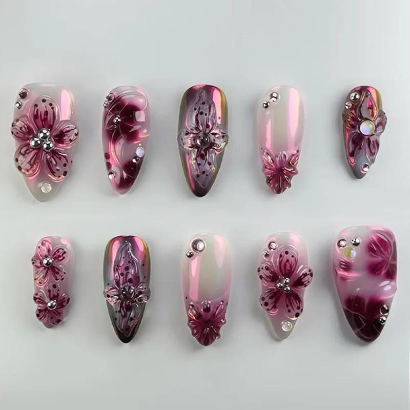 

24Pcs Pink Almond False Nails Sweet Summer Fake Nail Cute Flowers Pearl Nails Press Ons Colorful Monet Press on Nails for Girls