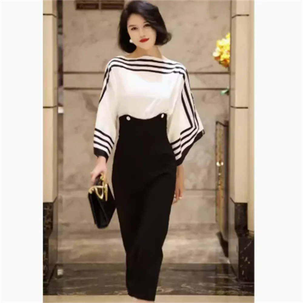 

Elegant spliced dress spring new fake two-piece set of high-end slim waist dress women