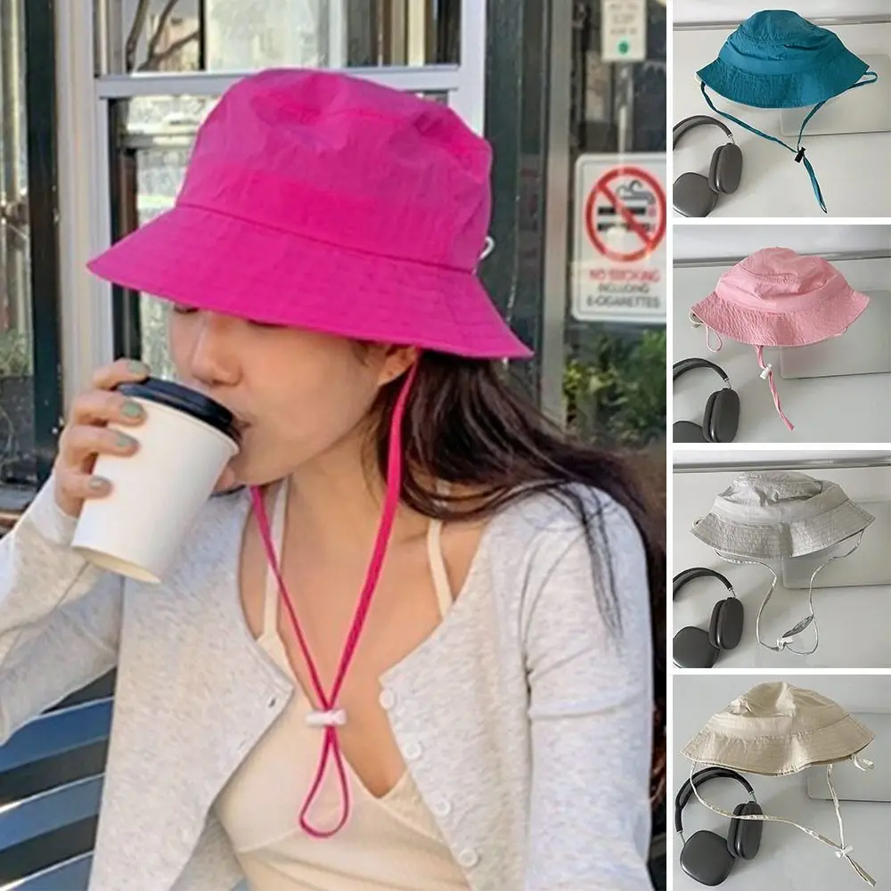 Casual Lace-up Fisherman Hat Windbreak Rope Breathable Sunshade Basin Hat Solid Color Portable Tie Bucket Cap Outdoor