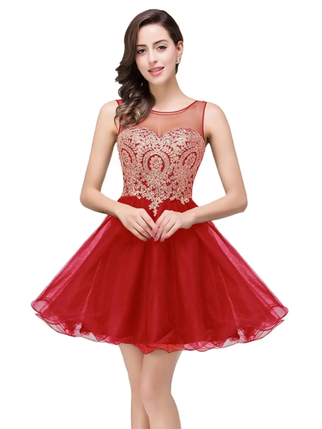 

Women's Tulle Cocktail Dresses Gold Lace Appliques Short Homecoming Dresses Zipper Backless Prom Dress