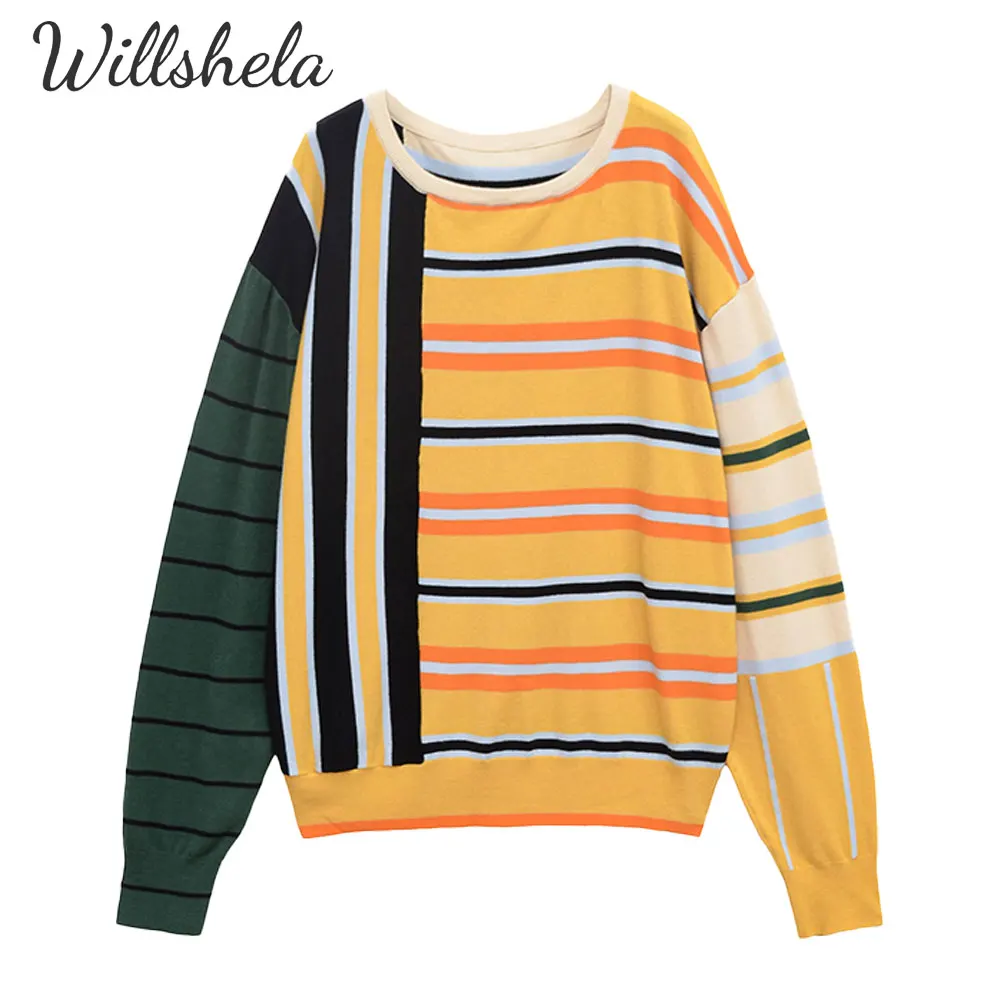 

Willshela Women Fashion Vintage Striped Knitted Sweater Round Neck Long Sleeves Female Chic Lady Mujer Casual Outwear