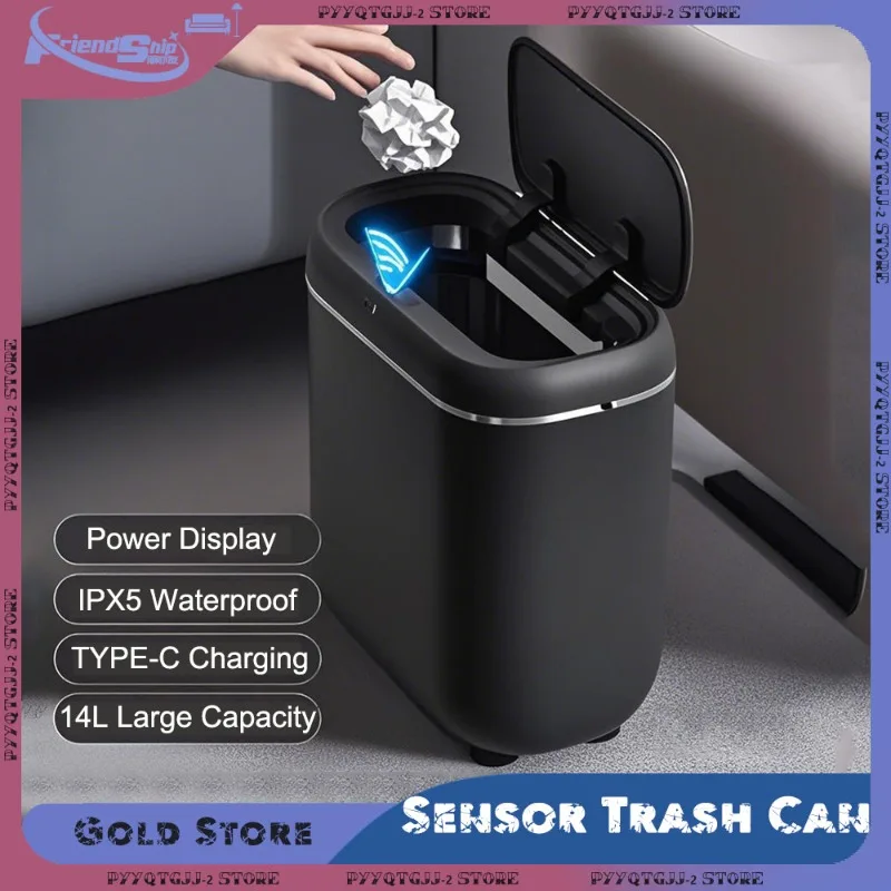 14L Sensor Trash Can with Lid LED Power Display IPX5 Waterproof Automatic Garbage Bins for Narrow Bathroom Kitchen Smart Home