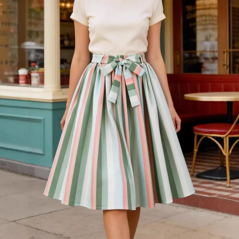 2026 New Retro Elastic Waist Multicolor Striped Pleated Skirts StreetWear Womens Spring Summer Casual Belted Rainbow Swing Skirt