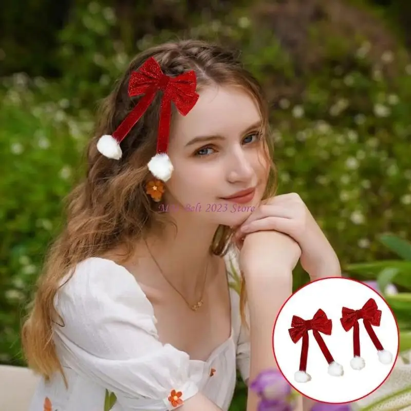 49ME Elegant Hairpin Sweet New Year Barrette Pompoms Bowknot 2000s Bunches