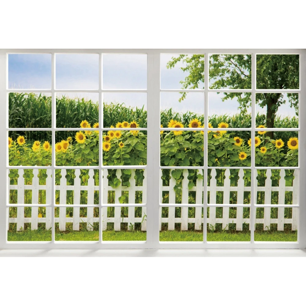 Window Spring Scenery Photography Backdrop Green Forest Nature Flower Background Party Wall Decor Family Photo Photographic Prop