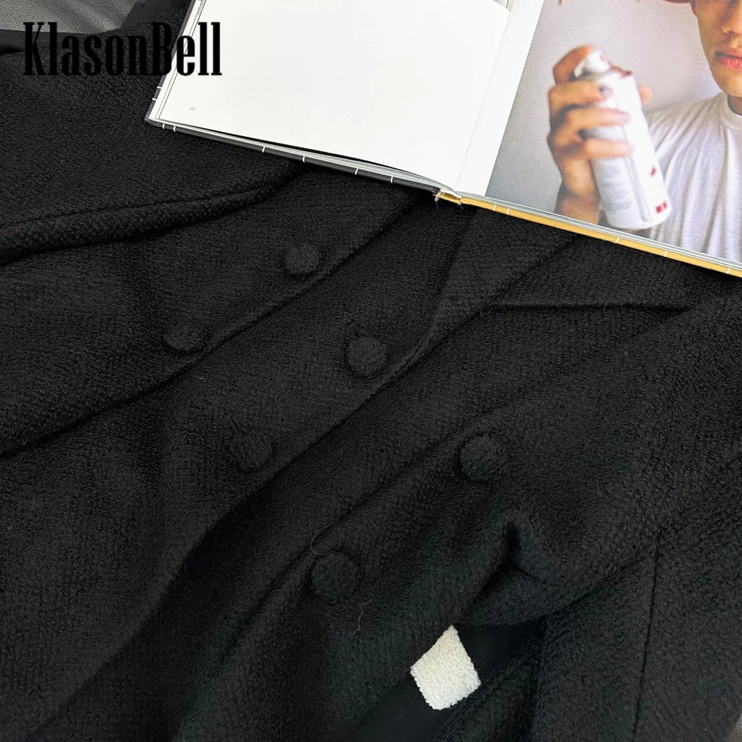 10.8 KlasonBell Women Runway Autumn Winter New Ruched Collect Waist Wool Coat Triple Breasted Design Lapel Long Outerwear