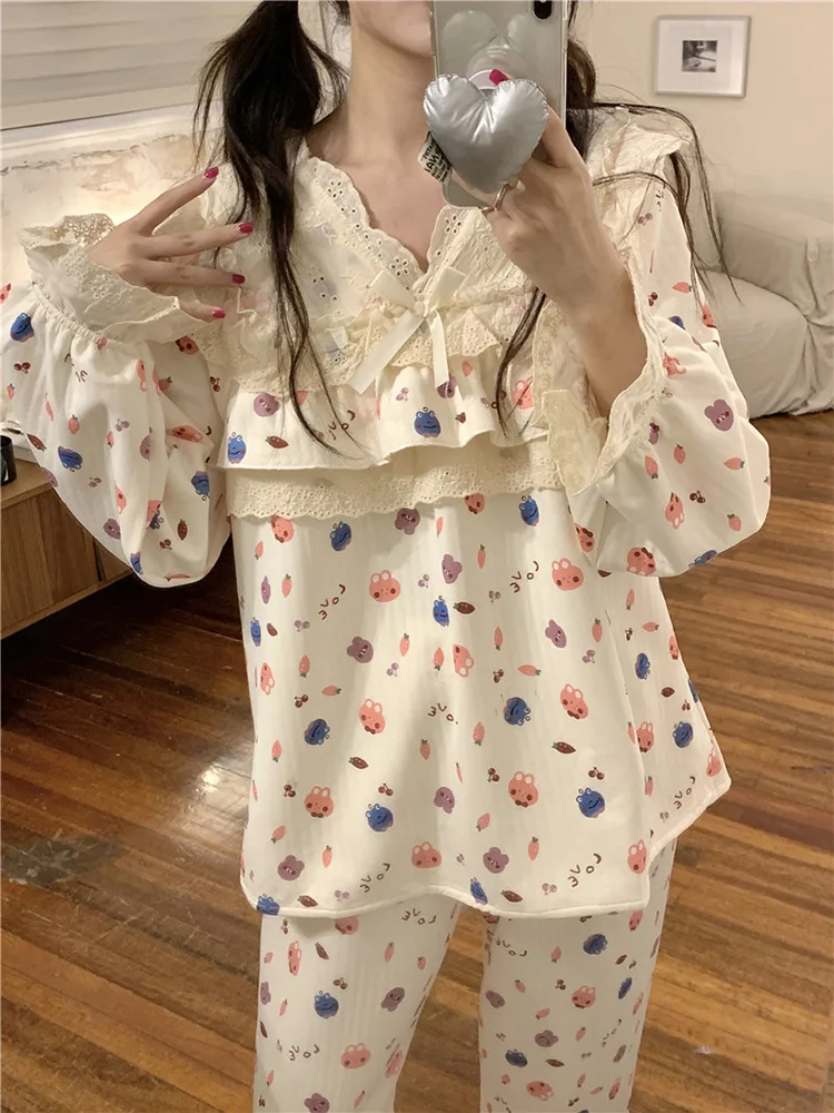 

Print Cute Cartoon Lace Sweet New Home Winter Korean Style Long Sleeve Pajama Set Women Elegant Casual Warm Sleepwear Loose Ins