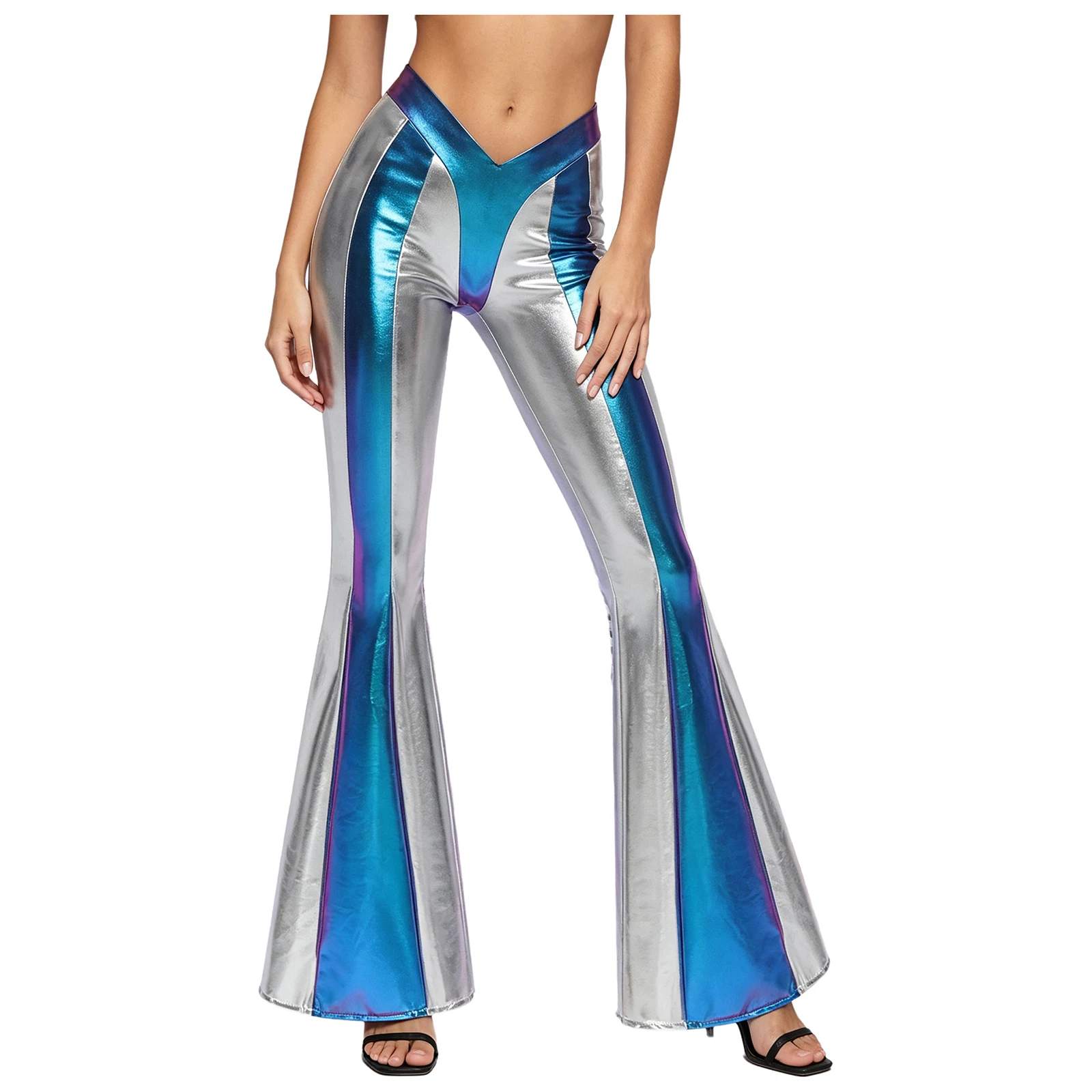 Women Bell‑Bottom Disco Pants Shiny Metallic Splicing Flare Trousers Retro 70s Disco Clubwear Rave Party Stage Dance Costume