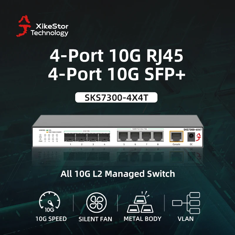 

XikeStor All 10G L2 Switch 4-Port 10G RJ45 4-Port 10G SFP+ Ethernet Switch WEB/CLI Managed Support VLAN & Port Aggregation