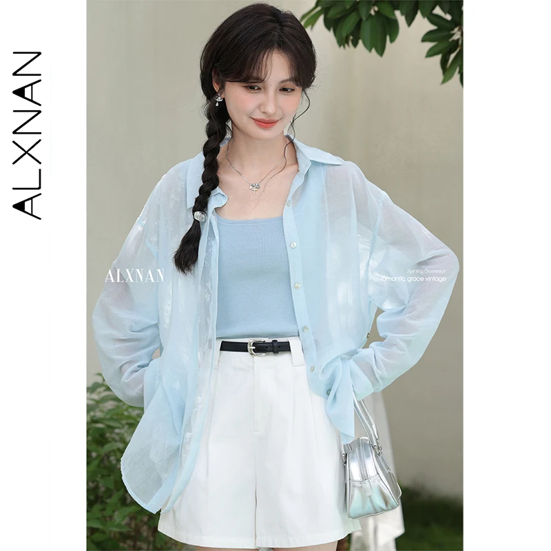 

ALXNAN синяя рубашка с защитой от солнца и воротником-поло, свободные рубашки с длинными рукавами, лето 2029, пляжные повседневные женские топы L56306