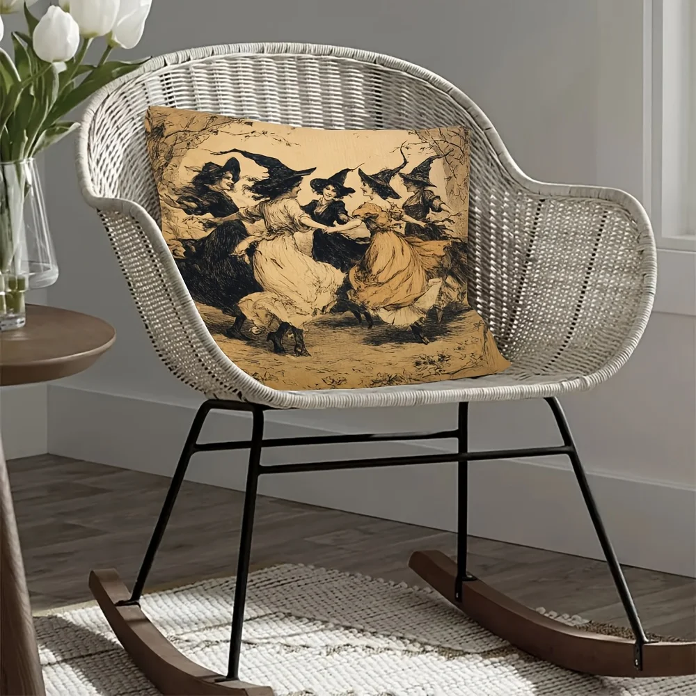 1PC Digital Print Pillow Cover Vintage Witches Dance Circle Sketch Art Halloween Retro Spooky Sofa Couch Bedroom Home Decor Gift