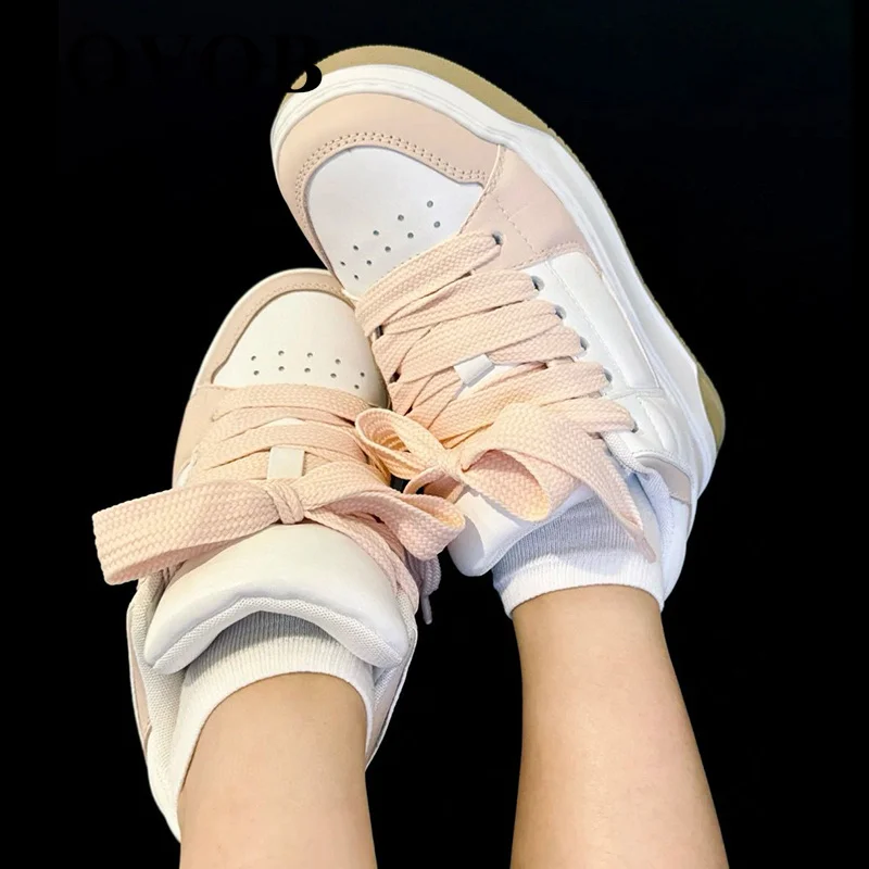 Spring Autumn Genuine Leather Color Blocked Flat Shoes Round Toe Lace Up Breathable Sneakers Daily Versatile Casual Shoes Unisex