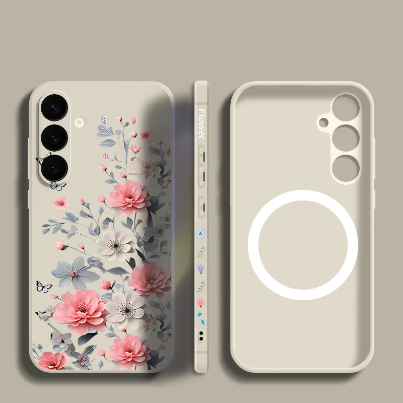 INS Pink Flowers Print Case For Samsung Galaxy S26 S25 Ultra S24 S23 FE S22 Plus S21 Built-in Metal Plate Magnetic Soft Cover